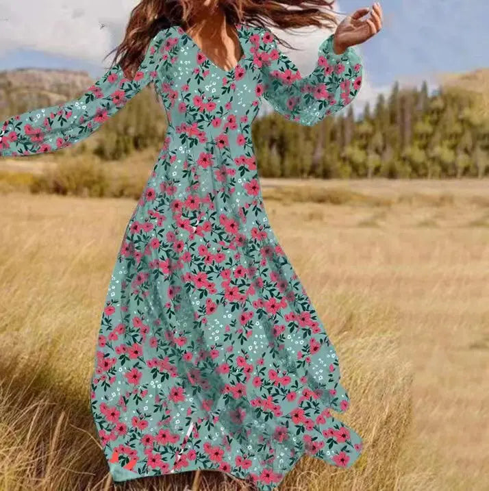 Casual boho Floral Print Long Dress For Women Elegant Party Maxi Dresses Spring Autumn Full Sleeve Ruffle Vintage Dress Female