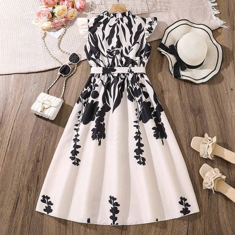 Modest Girls Dress White Printed Belted Wing-Sleeve Maxi Dress Elegnat Vintage Style Kids Dress Communion Festival Banquet