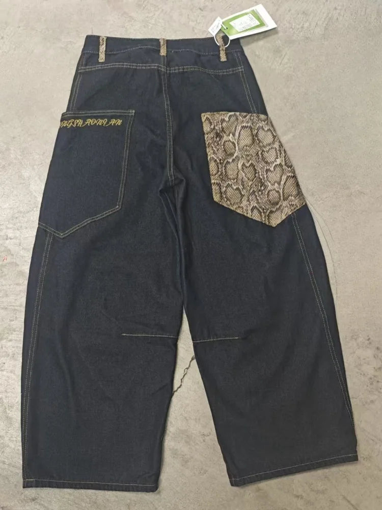 2025 Cyber Y2K Streetwear Snake Patchwork Black Baggy Stacked Cargo Jeans Pants For Women Clothes Lady Denim Trousers Ropa Mujer