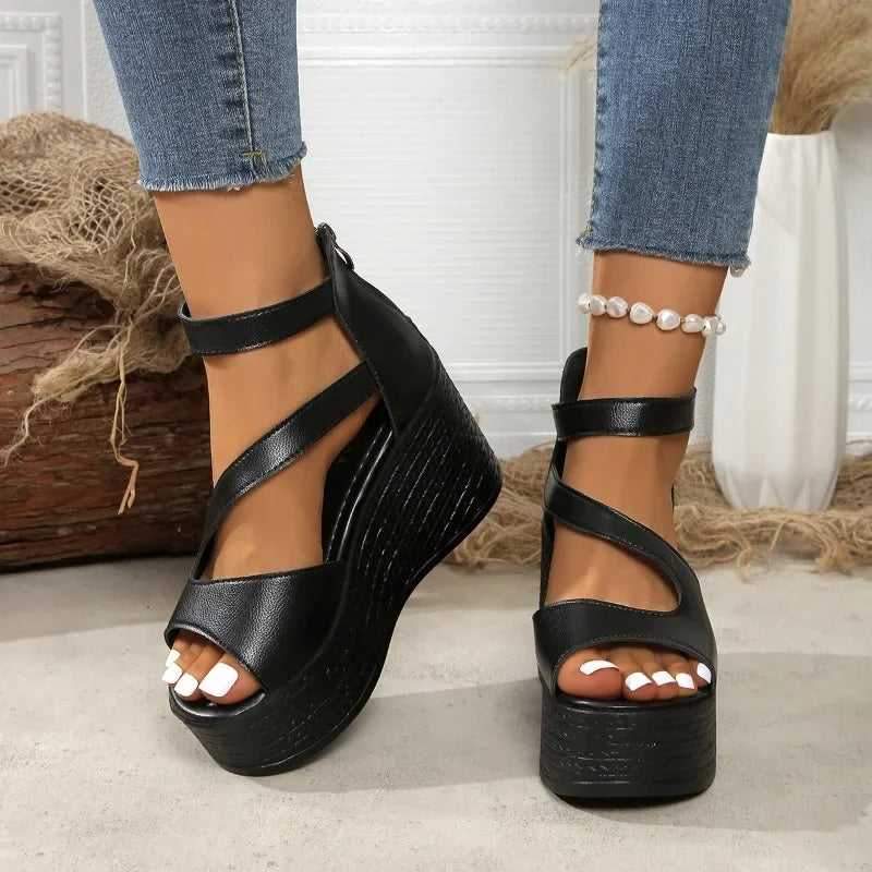 Slope heel sandals 2025 summer fashion lightweight thick sole non-slip high heels women's shoes back zipper leather Roman shoes