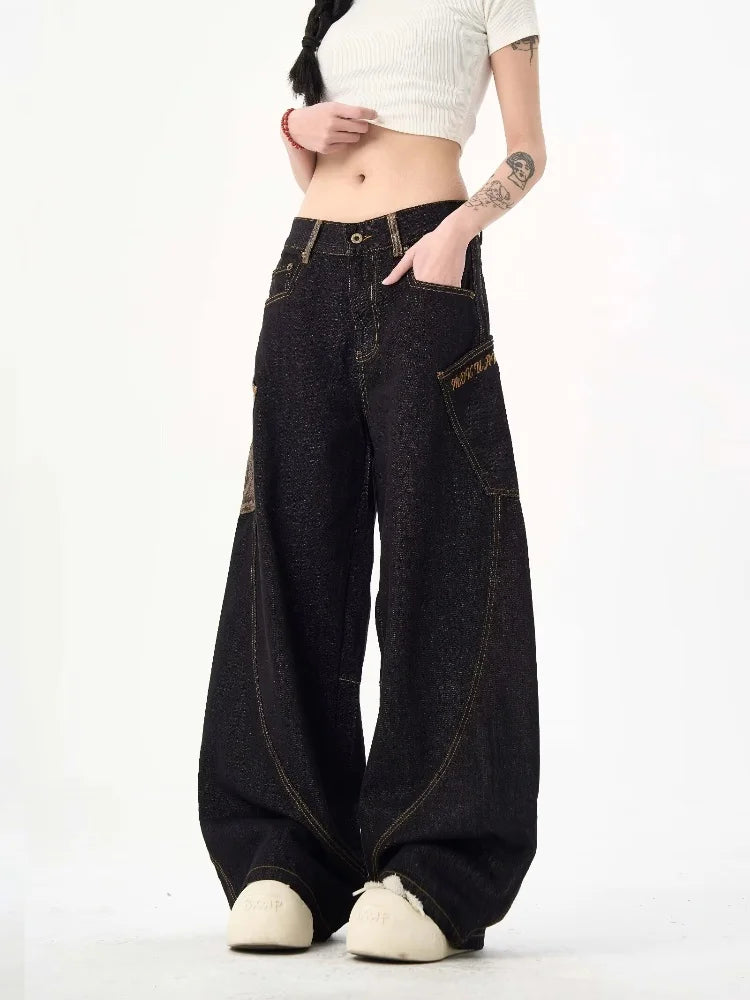 2025 Cyber Y2K Streetwear Snake Patchwork Black Baggy Stacked Cargo Jeans Pants For Women Clothes Lady Denim Trousers Ropa Mujer