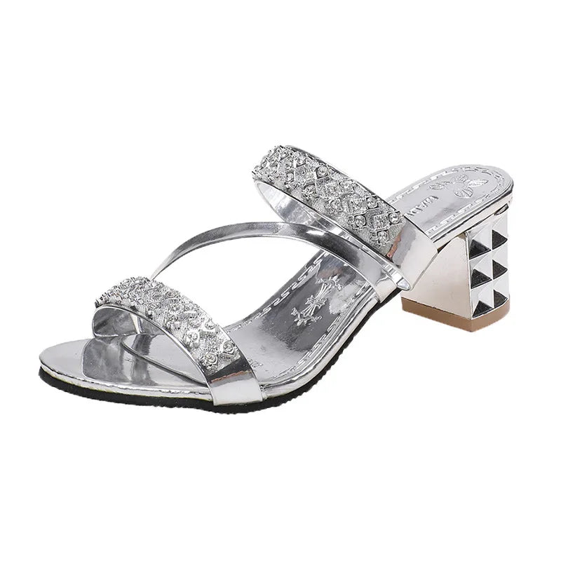 Summer New Women's Sandals Block Heels Female High Heels Rhinestones Luxury Party Shoes Slip on Women Slippers Open Toe Zapatos