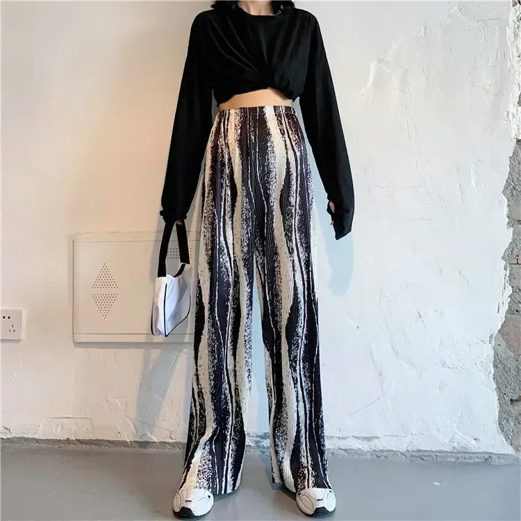 REALEFT 2024 New Spring Summer Painting Printed Long Pants Vintage High Waist Street Casual Loose Wide Leg Trousers Female