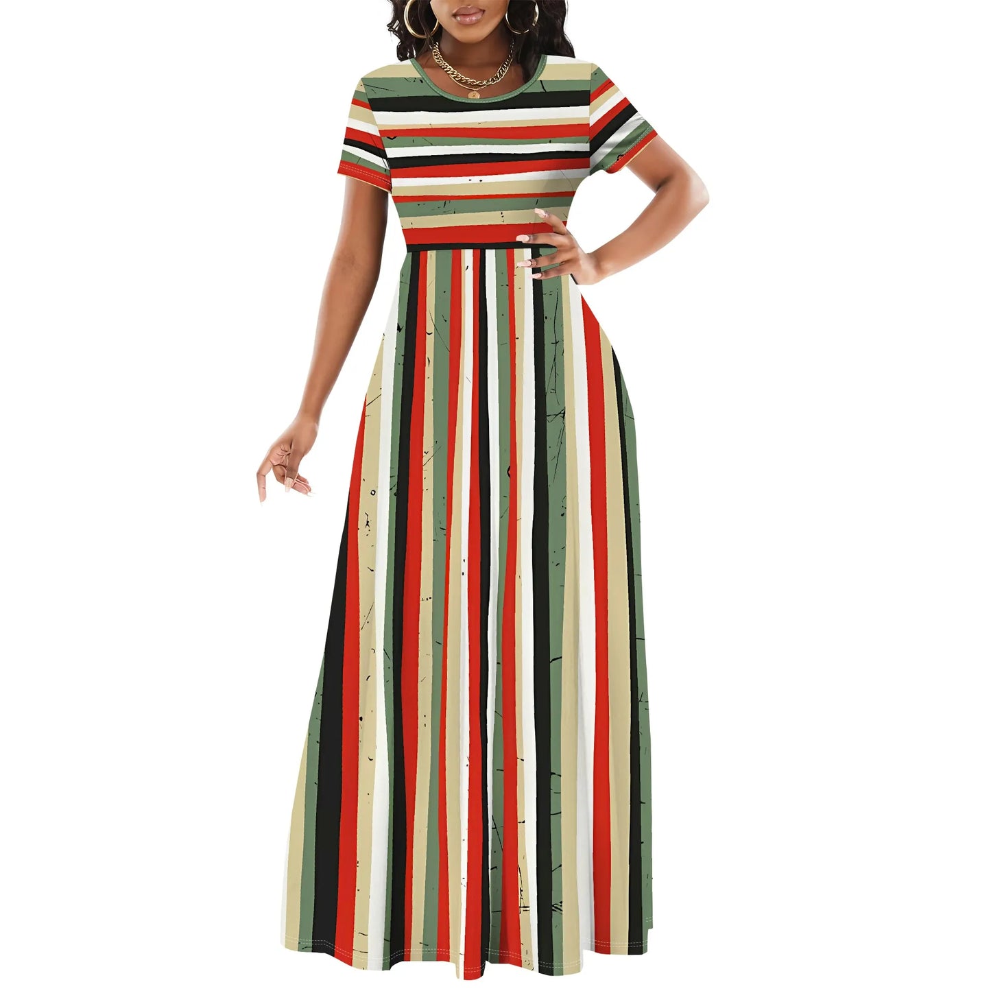 Striped Geometric Colorful Maxi Dress Elegant Casual Round Neck Long Dress