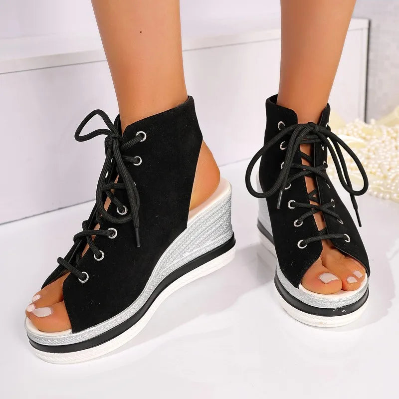 Wedge Sandals Women Summer New Round Toe Open Toe Front Strappy Platform Non-Slip Wear-Resistant Back Empty Heels Shoes