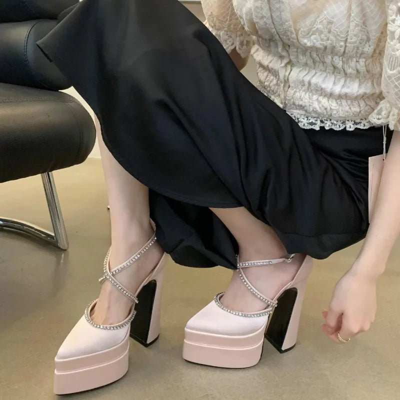Hate Sky High Block Heel High Heels Platform Plus Size Pointed Toe Women Super High Heel Sandals
