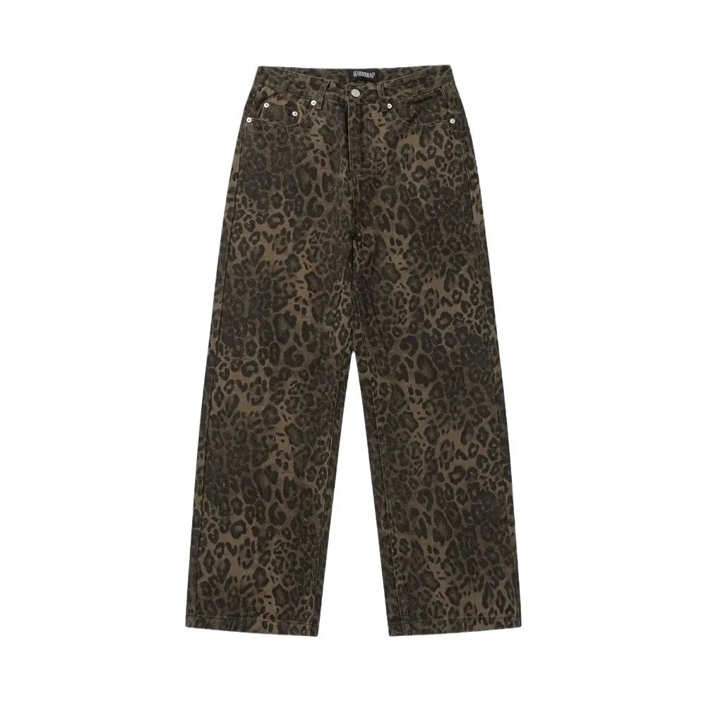 Simple Baggy Leopard Print Jeans Straight Leg Retro Cowboy Pants Ins Style Wide Leg High Waist Pants Party