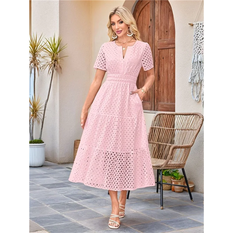 ASDS-Women's Summer Short Sleeve Maxi Dress Casual V Neck Hollow Out Eyelet Ruffle Swing A Line Long Dresses