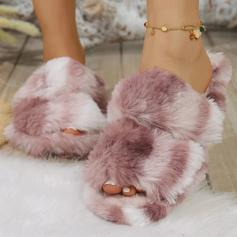 Soft Furry Cotton Slippers for Women Indoor Flat Heel Home Plush Slippers Woman Winter Non Slip Mix Color Cotton Slides Female