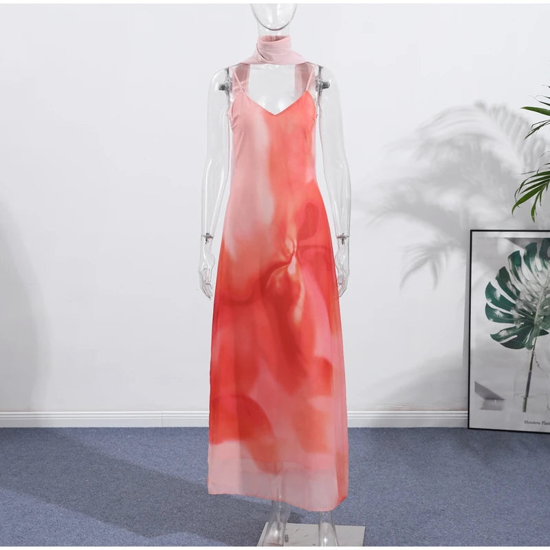 Beach Maxi Dresses Women Sexy Floral Printed Sleeveless Backless Halter Dress Lady Deep V-neck 2025 Summer Vintage Vacation Robe