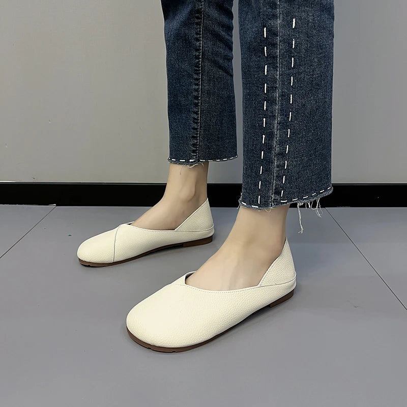 Women's Slip-on Leather Loafers 2024spring and Autumn Fashion Ballet Shoes Women's Casual Round Toe Cute Flat Sneakers Zapatilla