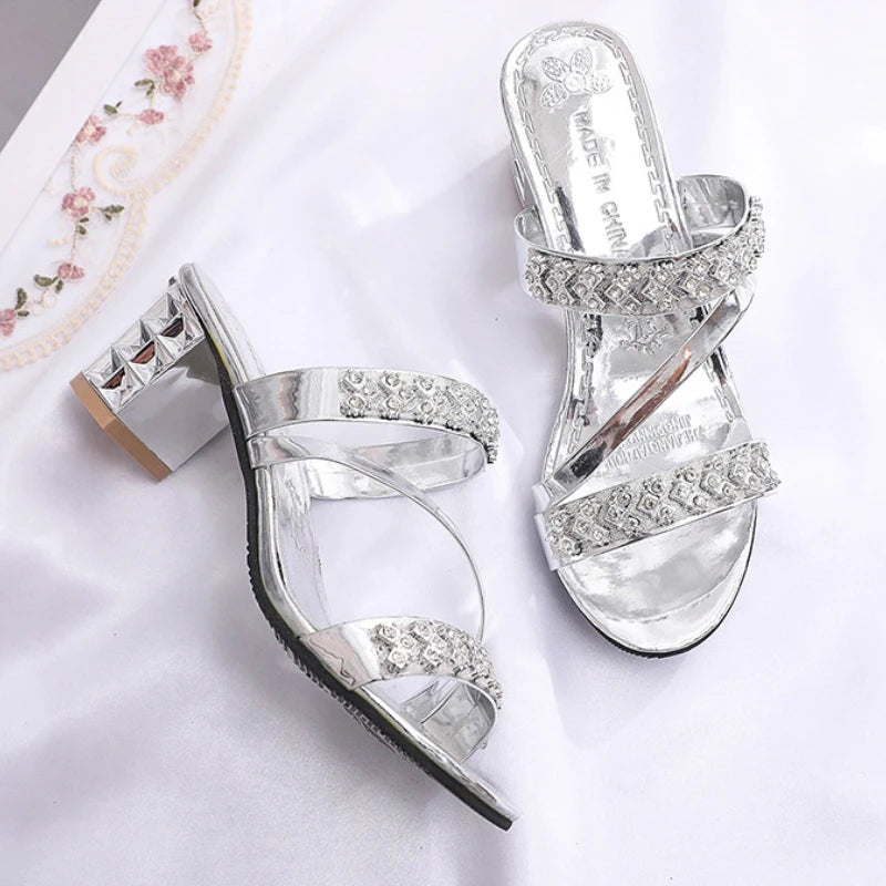 Summer New Women's Sandals Block Heels Female High Heels Rhinestones Luxury Party Shoes Slip on Women Slippers Open Toe Zapatos