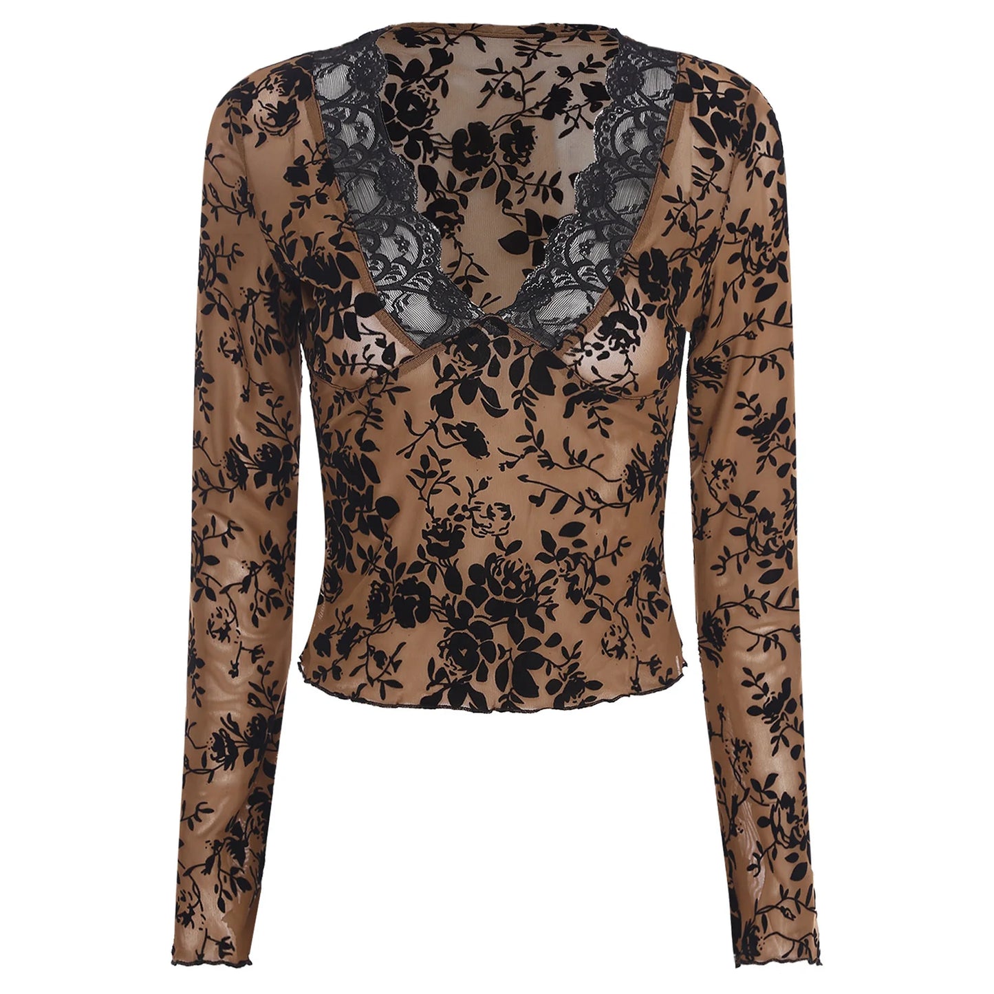 Womens Sheer Mesh Floral Crop T-shirt Tops Long Flared Sleeve V Neck Lace Trim Blouses Velvet Flocked Slim-fit Blouses Tops