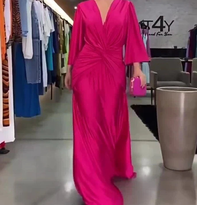 Maxi Dresses for Women V Neck Long Sleeve Long Dress Female Elegant Autumn New Solid Party Dresses A Line Loose Hem