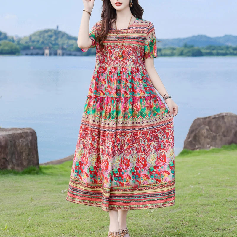 Floral Maxi Dress Backless Plus Size BohemianWomen Summer Elegant Large Hem Dresses short sleeve women clothing