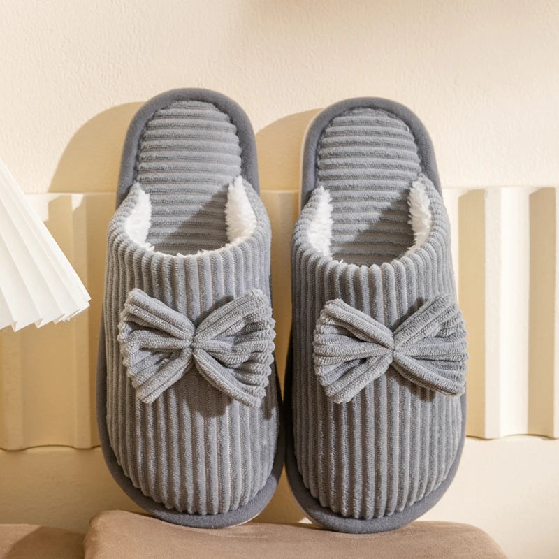 Women’s Bowknot Plush Slippers – Cozy Indoor Fleece Slides