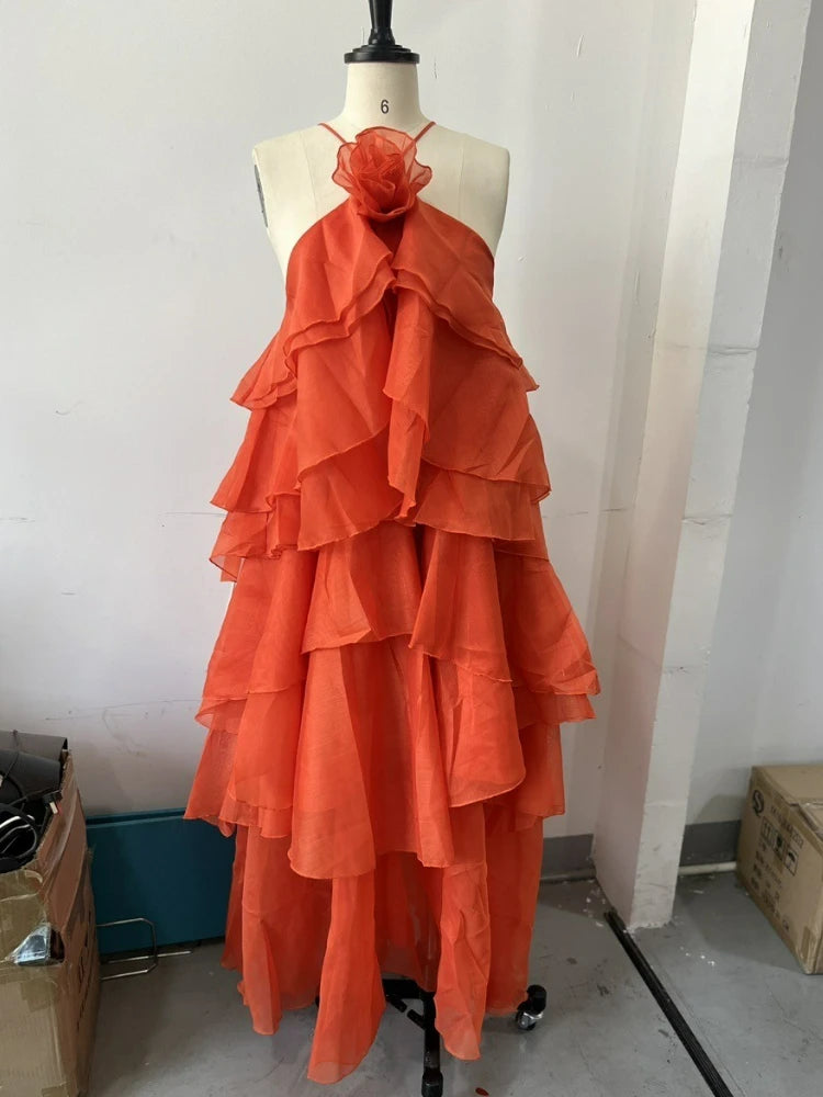 Elelgant 3d Floral Maxi Dress Loose Pleated Hem Halter Robes Sleeveless Ruffles Edge Party Vestidos Lady Summer Gown Clothes