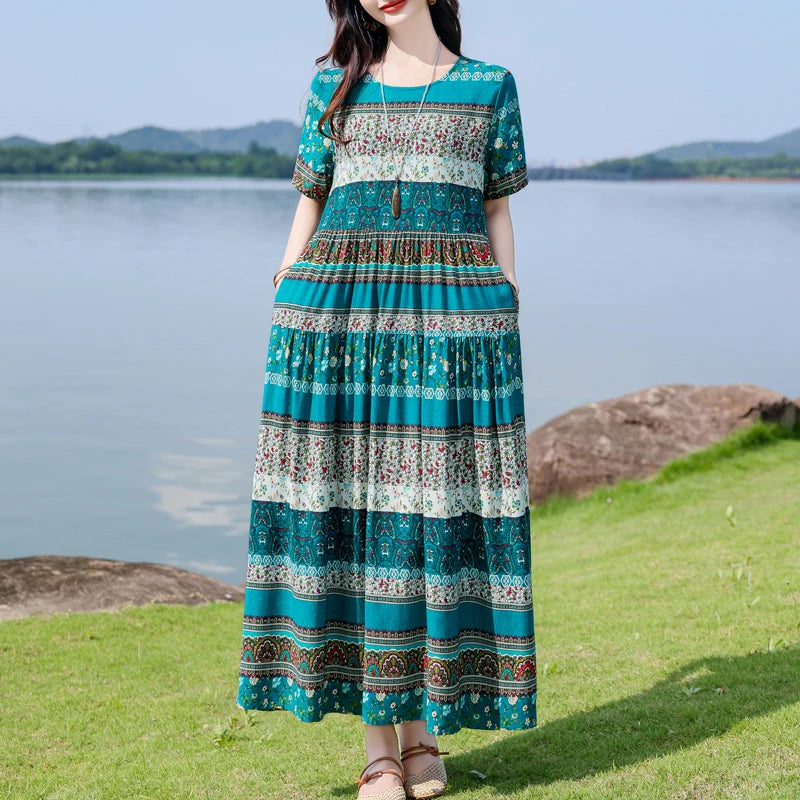 Floral Maxi Dress Backless Plus Size BohemianWomen Summer Elegant Large Hem Dresses short sleeve women clothing