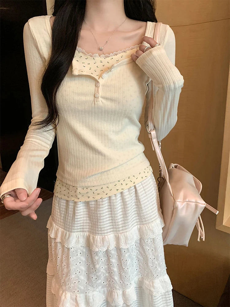 Floral Patchwork Long Sleeve T-shirt False Two-piece Lace Women Top 2025 Spring Slimming T-shirt Fashion Korean Style Clothing