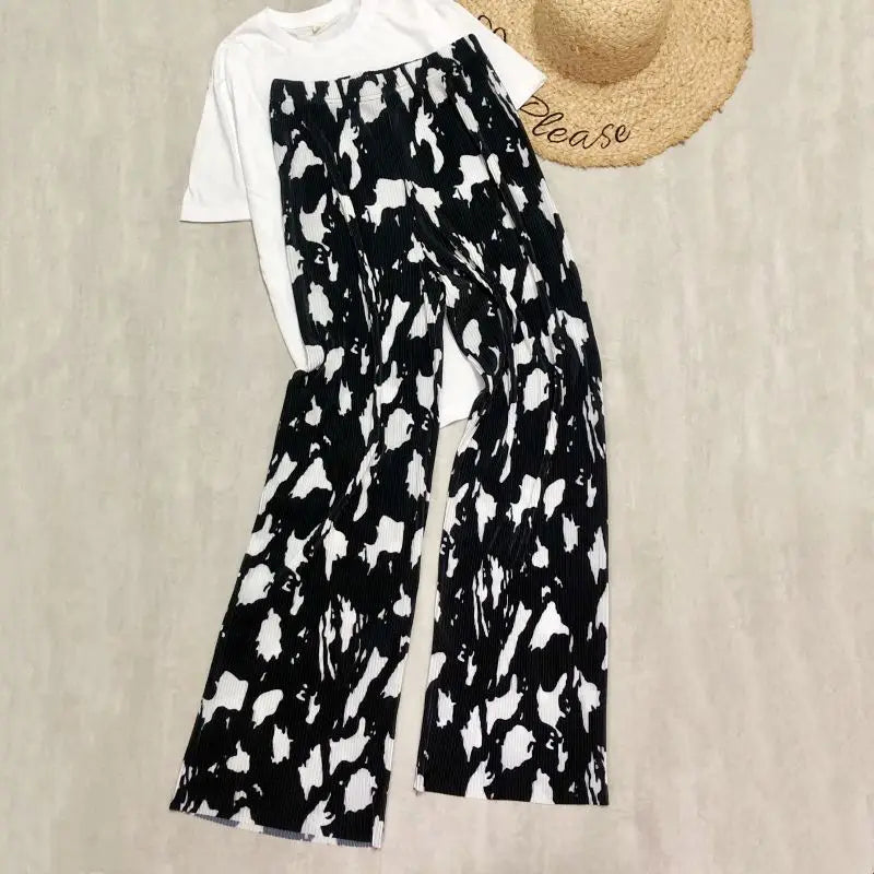 REALEFT 2024 New Spring Summer Painting Printed Long Pants Vintage High Waist Street Casual Loose Wide Leg Trousers Female