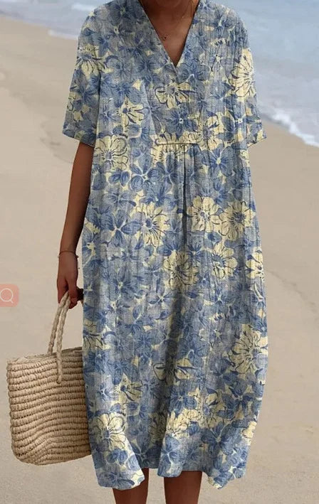 Women Floral Print Summer Maxi Dresses Colorful V Neck Short Sleeve Casual Loose Vacation Workout Beachwear Dress Robe Traf 2025
