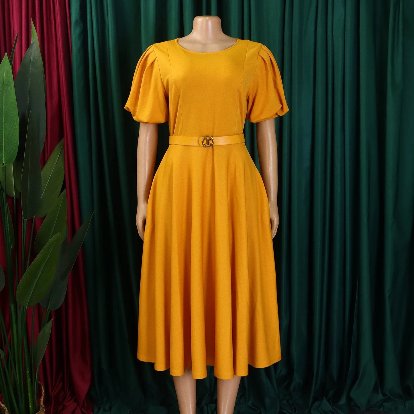 Elegant Party Dresses for Woman O Neck Short Sleeve Belt Waisted Pleated Mid Calf Modest Female Birthday Dinner Vestidos Gowns