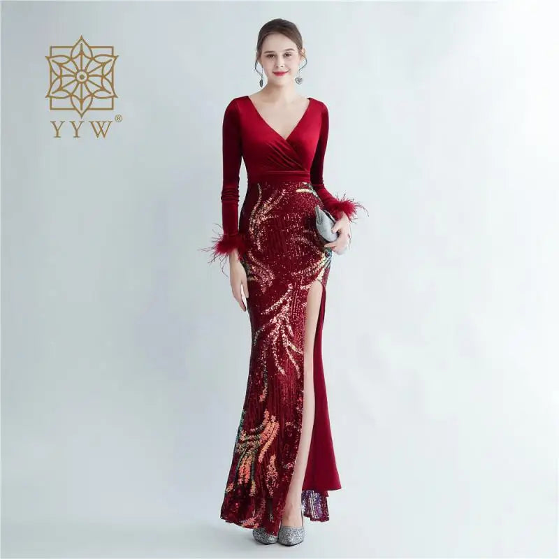 Black Dress For Women 2023 Deep V Autumn Winter Formal Evening Mermaid Long Sleeve Feather Maxi Cocktail Vestidos Celebrity Gown