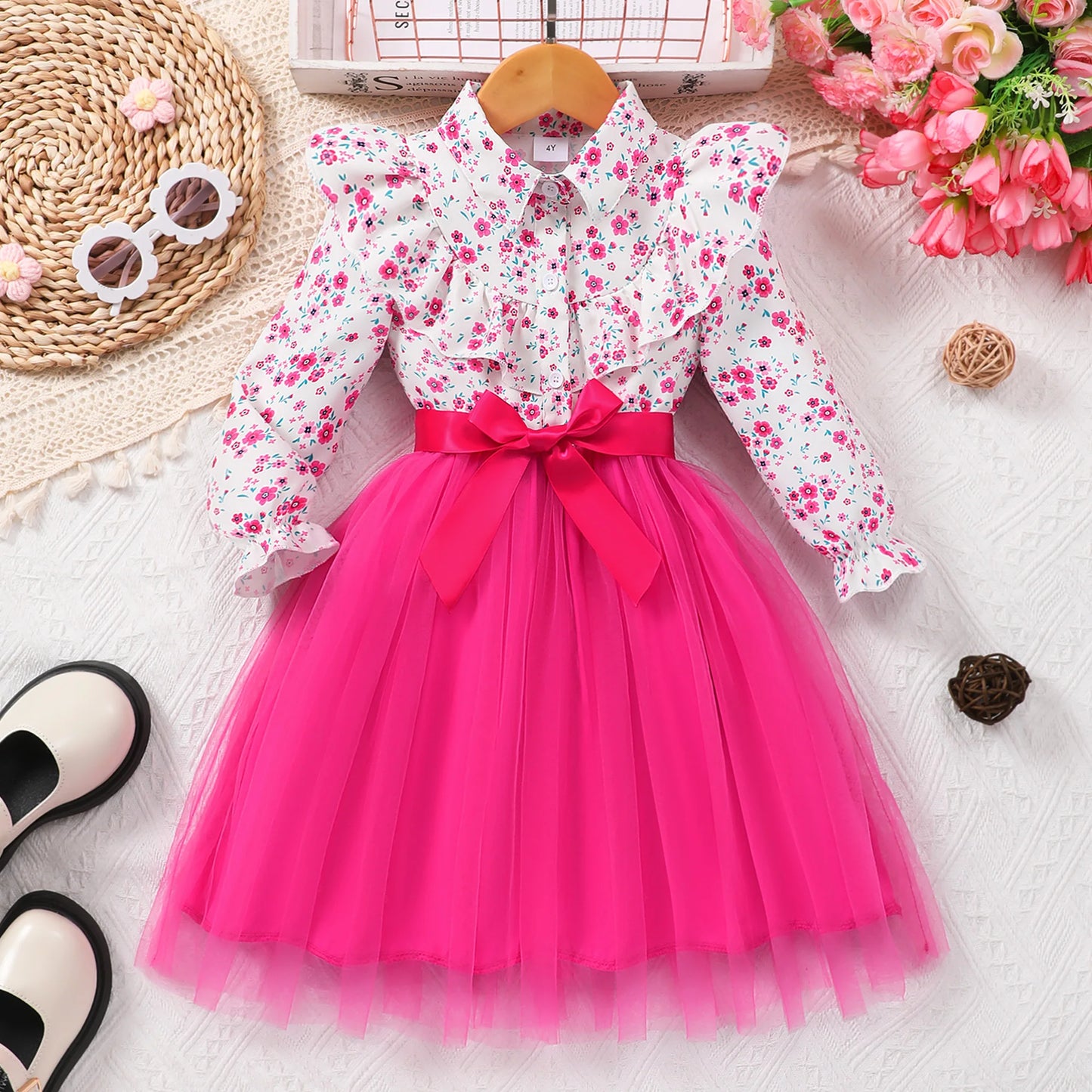 Long Sleeve Mesh Girls Stylish & Cute Ruffle Button Up Belted Dress for Fall & Winter Holiday, Outdoor Cloth with Floral Pattern