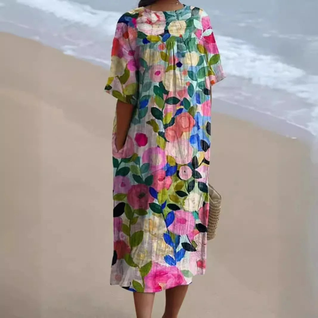 Women Floral Print Summer Maxi Dresses Colorful V Neck Short Sleeve Casual Loose Vacation Workout Beachwear Dress Robe Traf 2025