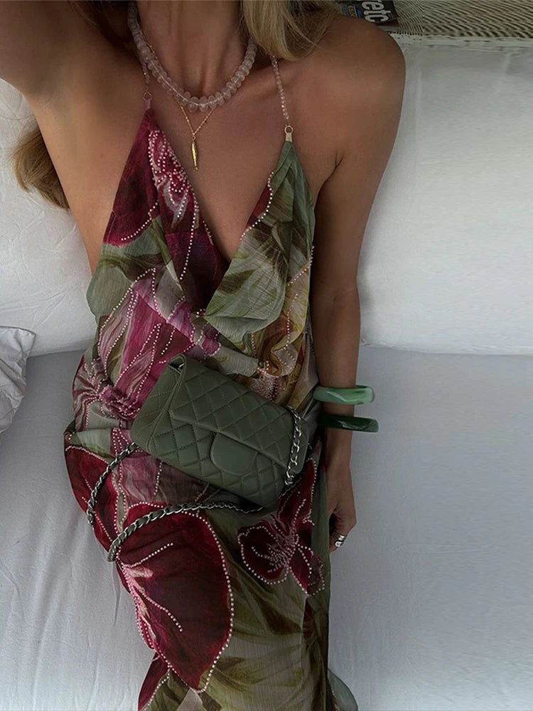 Beach Maxi Dresses Women Sexy Floral Printed Sleeveless Backless Halter Dress Lady Deep V-neck 2025 Summer Vintage Vacation Robe