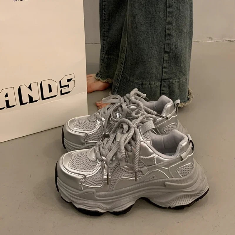Chunky Platform Sneakers for Women Spring Fashion Thick Sole Vulcanized Shoes Woman Non Slip Mesh Breathable Casual Sports Shoes