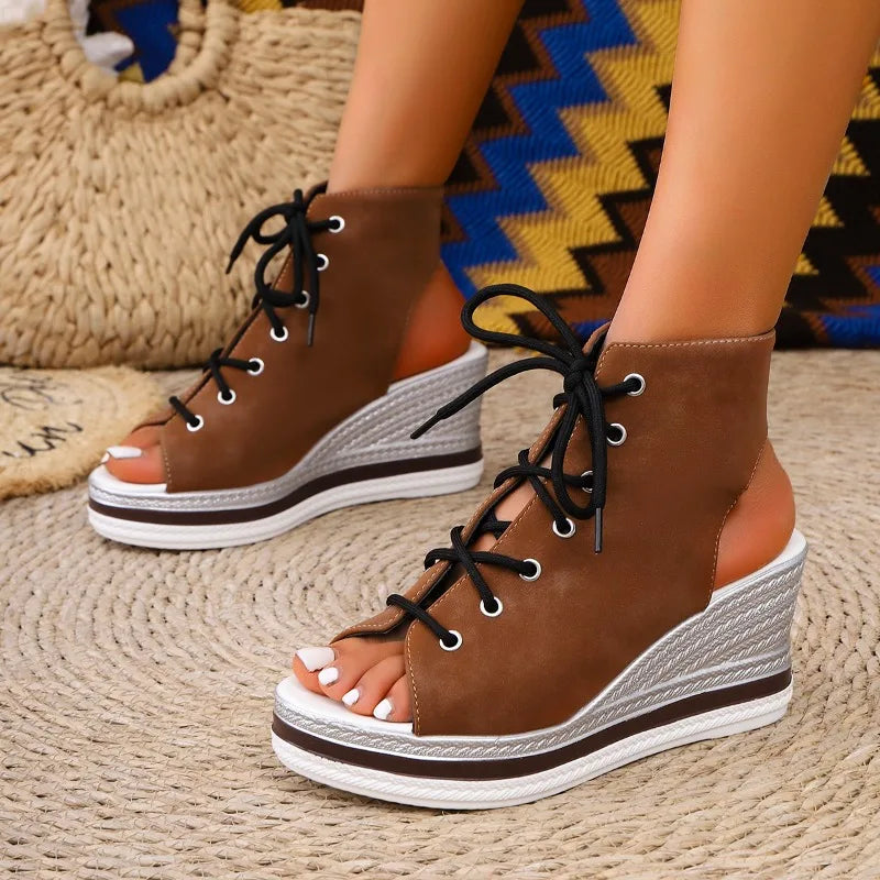 Wedge Sandals Women Summer New Round Toe Open Toe Front Strappy Platform Non-Slip Wear-Resistant Back Empty Heels Shoes
