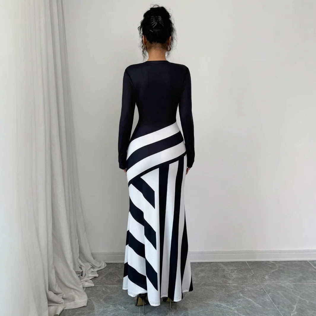 Women Long Sleeve Black White Striped Bodycon Maxi Long Mermaid Dress 2025 Autumn Streetwear Evening Party Vestidos Sexy Dresses