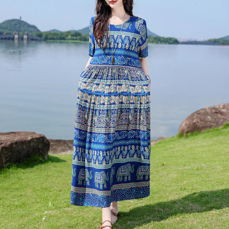 Floral Maxi Dress Backless Plus Size BohemianWomen Summer Elegant Large Hem Dresses short sleeve women clothing