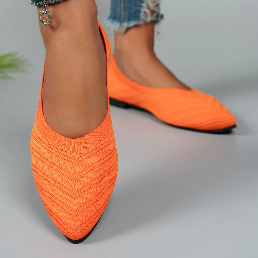 Women's Pointed Toe Flat Shoes Solid Color Knitted Slip on Shoes Casual Comfortable Breathable Ballet Flat Shoes for Women