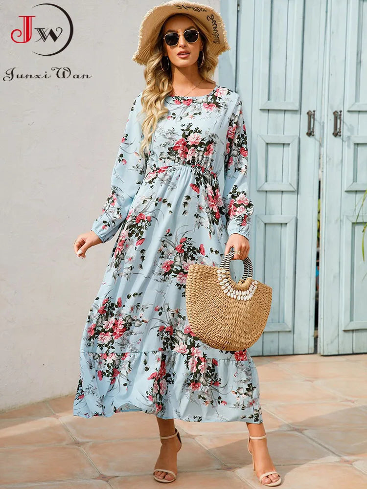 Elegant Floral Print Women Dress Spring Summer Casual O Neck Long Sleeve Chiffon A Line Long Maxi Dress Party Vestidos