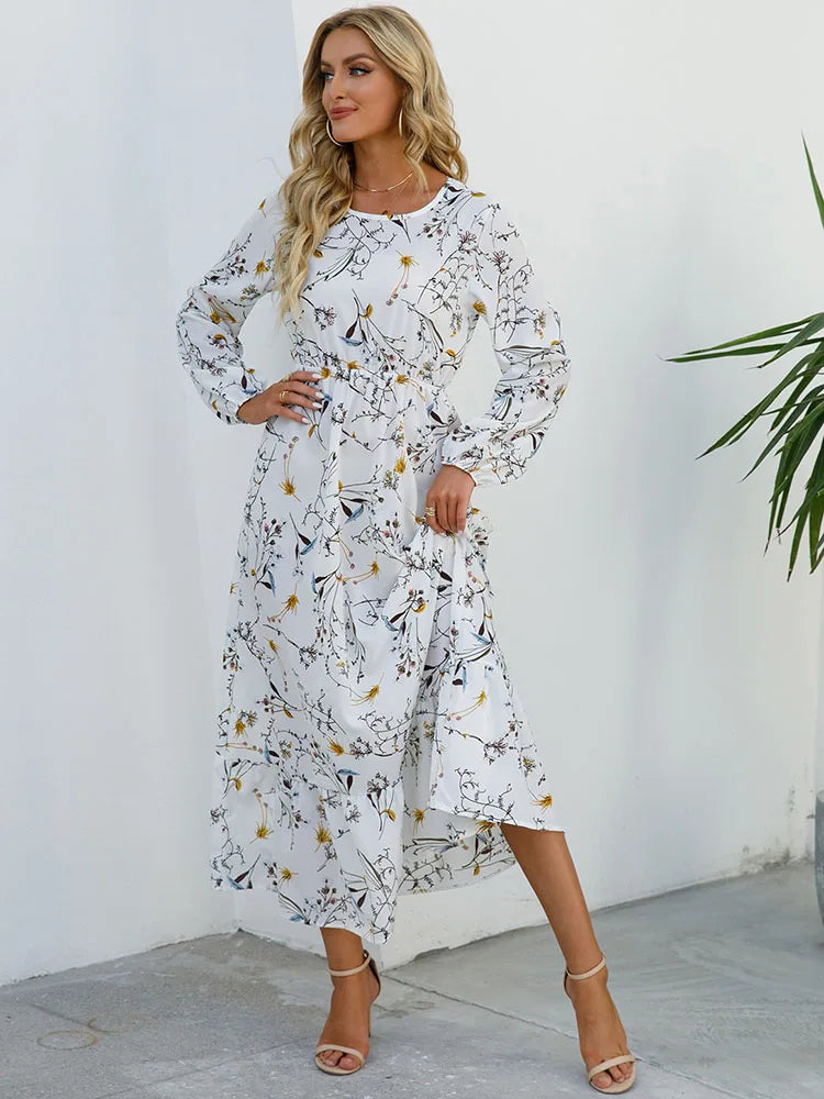 Elegant Floral Print Women Dress Spring Summer Casual O Neck Long Sleeve Chiffon A Line Long Maxi Dress Party Vestidos