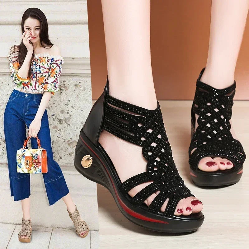 2025 New Fashion Wedge Sandals Women Summer Shoes Elegant Ladies Rome Hollow Out Sandals Female Sandalias Black Wedge Heels
