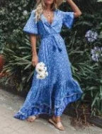 Maxi Dresses for women Cotton Rayon blue Floral print sexy deep v-ncek boho summer dresses loose Hippie long dress Vestidos