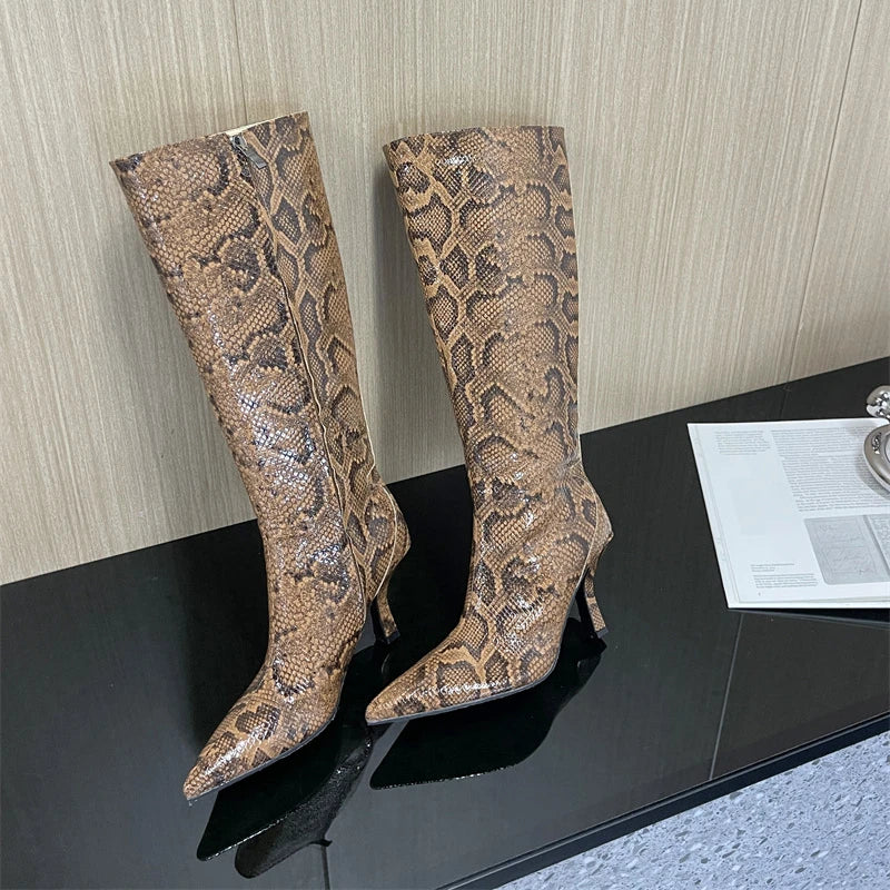 New Mixed Color Snake Patterned Side Zipper Knee High Boots Autumn Winter European American Fashion Pointed High-heel Long Boots