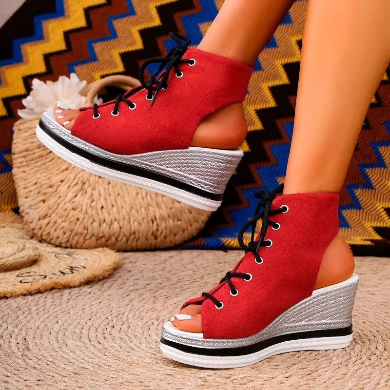 Wedge Sandals Women Summer New Round Toe Open Toe Front Strappy Platform Non-Slip Wear-Resistant Back Empty Heels Shoes