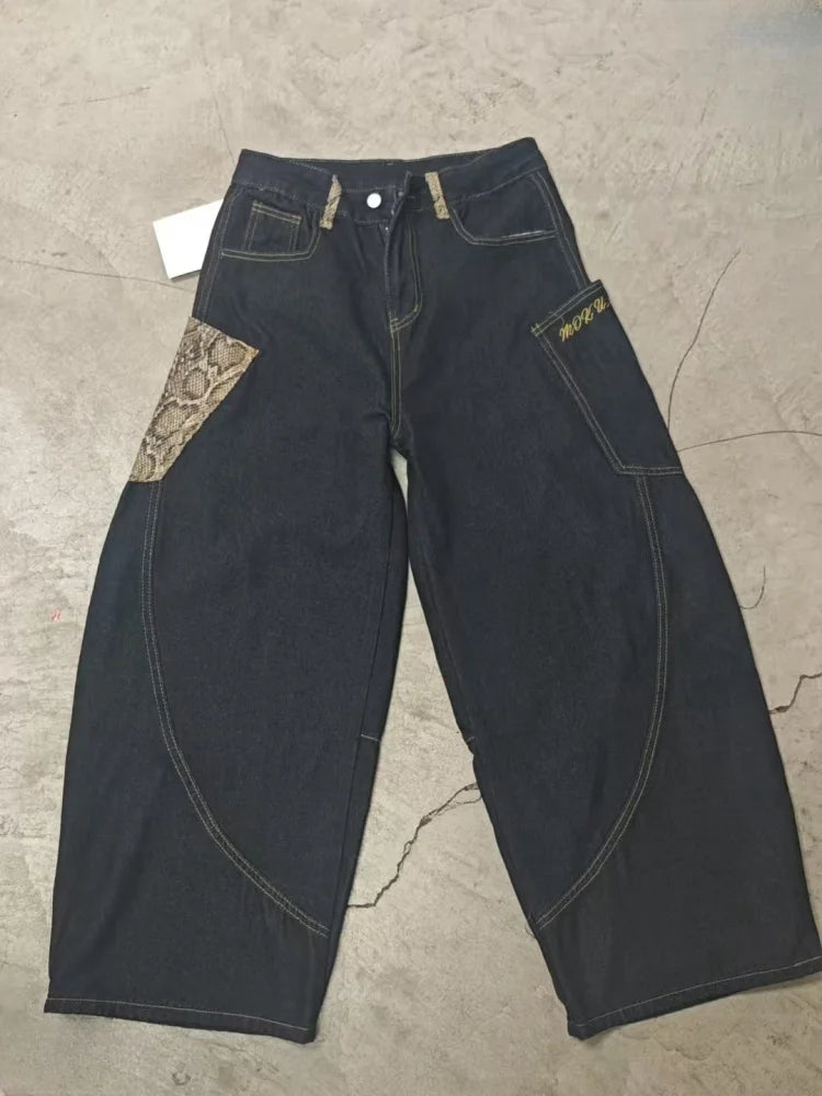 2025 Cyber Y2K Streetwear Snake Patchwork Black Baggy Stacked Cargo Jeans Pants For Women Clothes Lady Denim Trousers Ropa Mujer