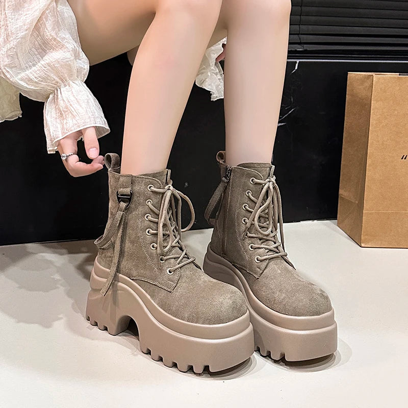 Ankle Boots For Women New 2025 Winter Motorcycle Boots 9CM Wedge Heels High Platform Shoes Woman Autumn Thick Sole Punk Boots