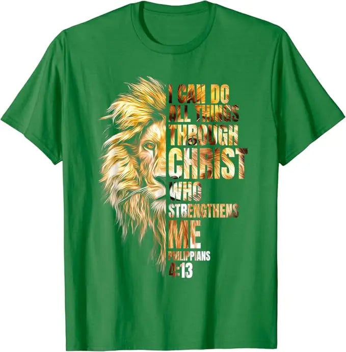 Christian I Can Do All Things Through Christ Lion Faith T-Shirt Lion Lover Graphic Outfits Men's Fashion Christ Faith Saying Tee