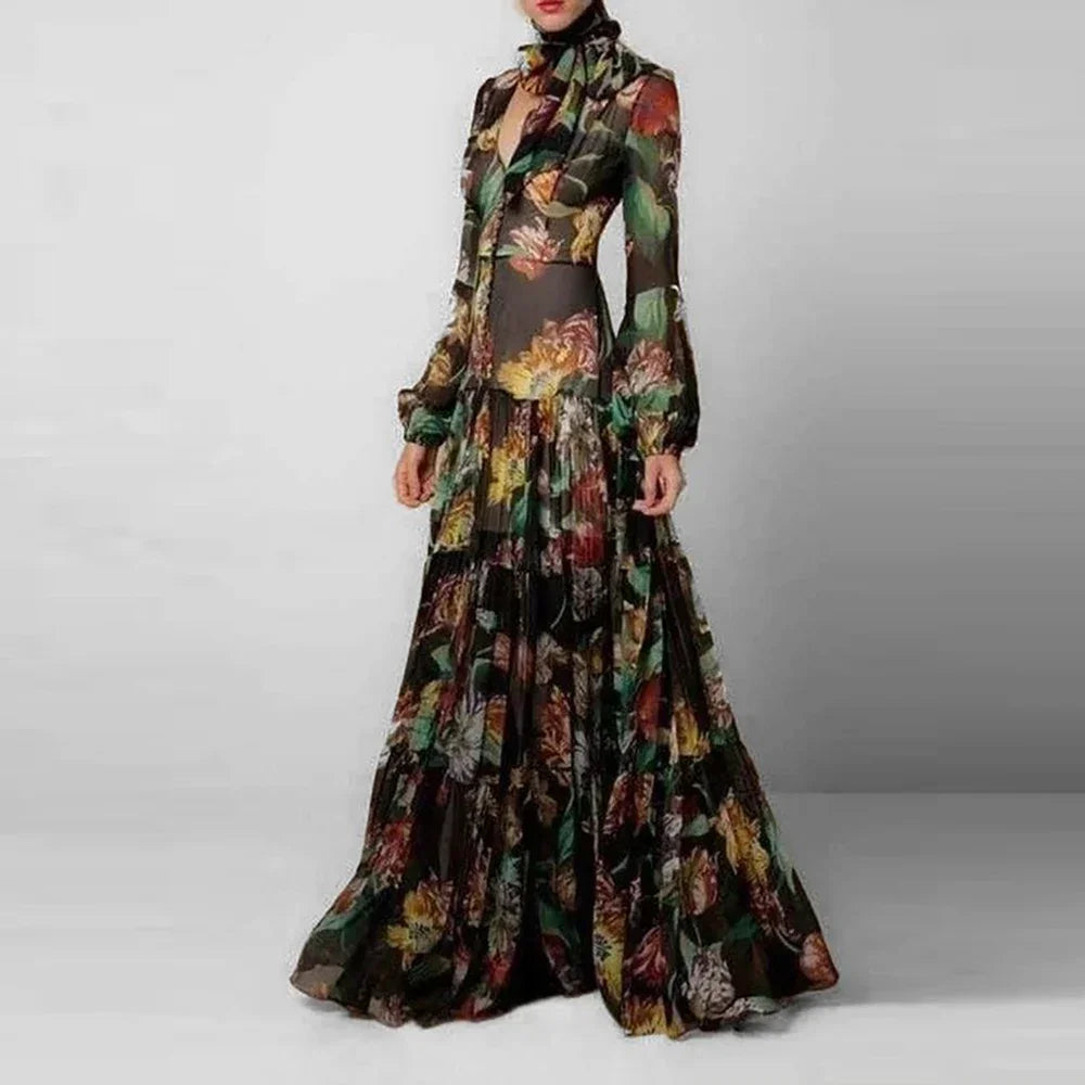 Elegant Floral Printed Slim Women's Dress Puff Long Sleeves Halter Neck Pleated 2025 Maxi Dresses Female Fishtail Evening Robes