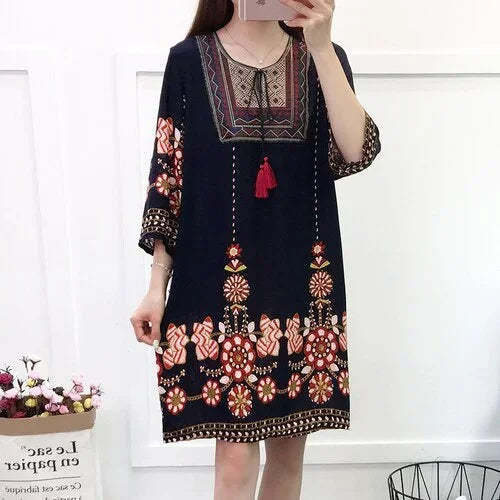 THHONE Vestidos De Mujer Casuales Dress Women Maxi Long Boho New Vacation Indian Robe Femmes Casual Floral V Neck Elastic Cotton