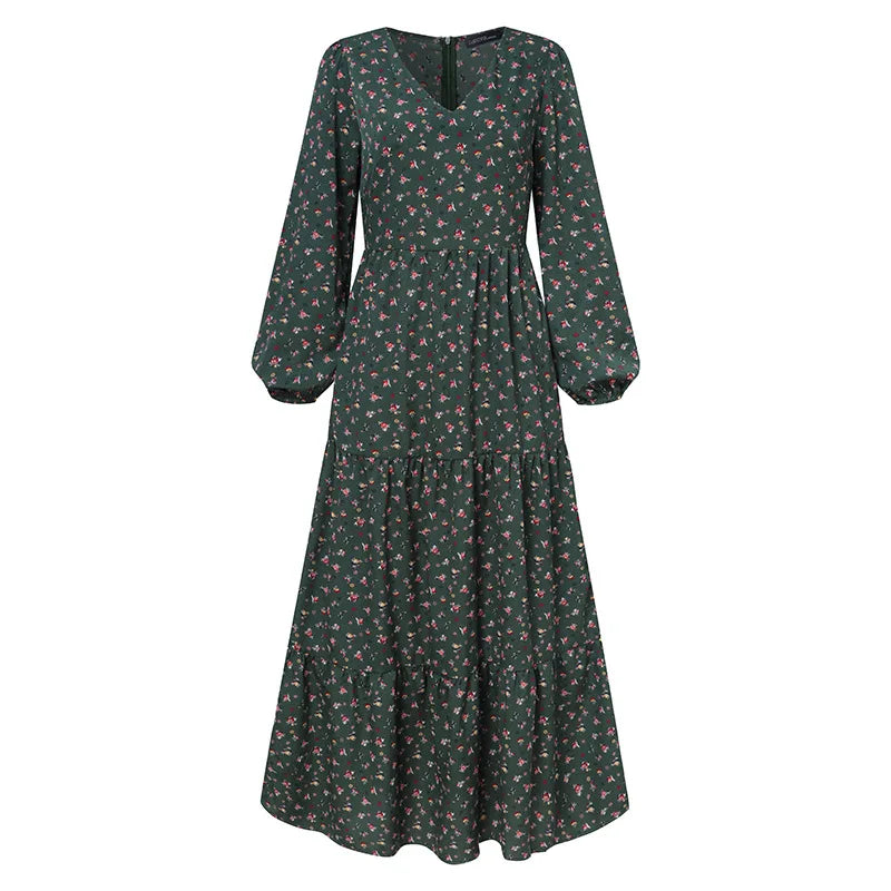 Casual boho Floral Print Long Dress For Women Elegant Party Maxi Dresses Spring Autumn Full Sleeve Ruffle Vintage Dress Female