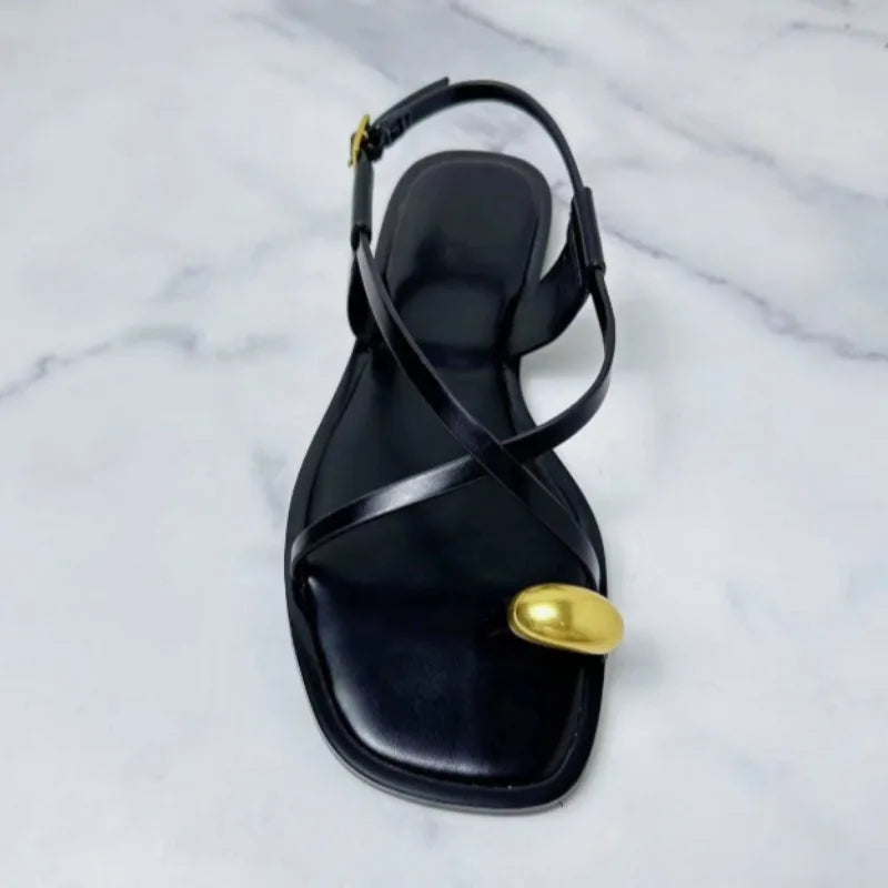 Sexy Thin Straps Flat Sandals Women 2025 Summer Footwear Chic Metal Square Toe Soft Leather Beach Traf Shoes for Lady Wholesale