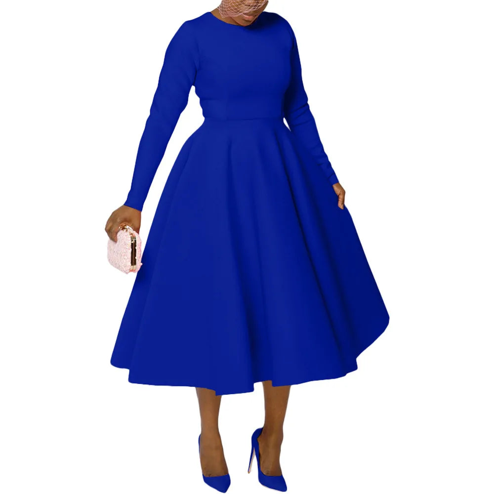 Elegant Church Dresses for Woman 2025 Fall Long Sleeve O Neck High Waisted A-Line Midi Calf Party Cocktail Dress with Pockets