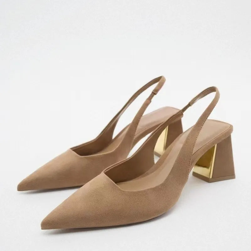 Fashion Block Heel Slingbacks Women 2023 Fall Pointed Toe Pumps Elegant Office Ladies High Heels Women's Comfortable Sandals